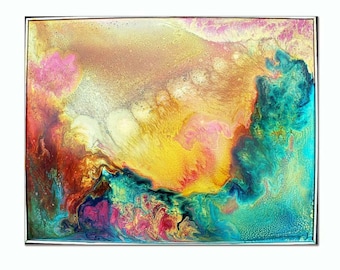 Arte original de resina sobre madera: Olas de color miel mediterránea y turquesa
