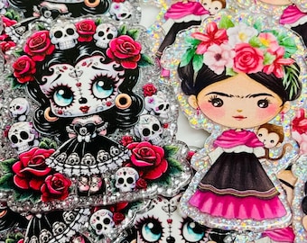 Set of 2 Frida or Día de los Muertos Acrylics, Kawaii Acrylic, Planar, Flat Back, Cabochons, jewelry supplies, Bow Center, Badge Reel supply