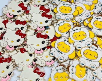 Set of 2 Metal Hello Kitty and Pom Charms, Enamel Kawaii Charms, Cabochons, Jewelry Making Supplies, Phone charms, bracelet Charms, Dangles