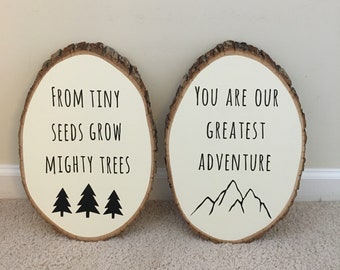 Handlettered Wood Nursery Sign, Boho Woodland Decor, Baby Shower Gift, You Are Our Greatest Adventure, From Tiny Seeds Grow Mighty Trees