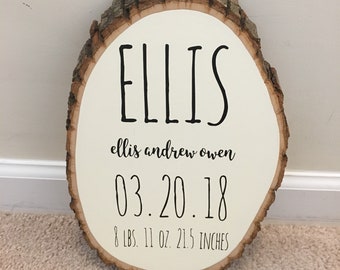 Personalized Baby Name Wood Slice Sign, Birth Stats Nursery Decor