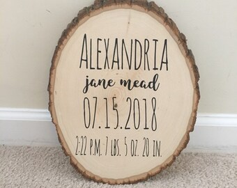 Woodland Nursery Decor, Personalized Birth Stats Sign, Natural Wood Slice Plaque