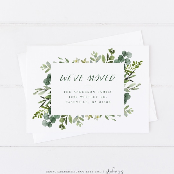 New Address Card | Printable Moving Announcement Template | Change of Address Card | Botanical Moving Postcard | Greenery We've Moved Card
