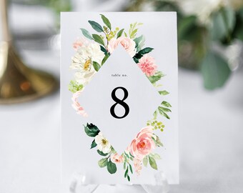 Tischnummern | Tischnummer Vorlage | Hochzeit Tischnummern | Blush Floral Tischnummern | Bearbeitbar | Templett | Grün | BM19
