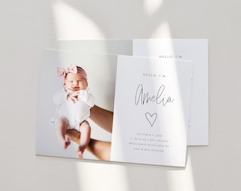 Birth Announcement Template, Printable Photo Birth Announcement Card, Minimalist, Modern, Newborn Photo Template, New Baby Photo Card, BA14