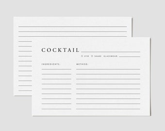 Redigerbar mall för cocktailreceptkort, minimalistiska receptkort, utskrivbara receptkort för cocktails, redigerbara cocktailreceptkort, 4x6
