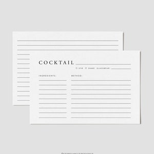 Modello di scheda di ricetta cocktail modificabile, Schede di ricetta minimalista, Schede di ricetta stampabile per cocktail, Schede di ricetta di cocktail modificabile, 4x6