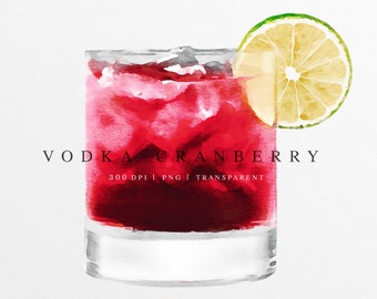 Vodka Cranberry Watercolor Clipart | Vodka Cranberry Drink Illustration | Custom Watercolor Cocktail | Signature Drink Clipart | Vodka PNG