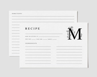 Editable Recipe Card Template, Printable Recipe Cards, Minimalist Recipe Card, Bridal Shower Recipe Card, DIY Recipe Card, Floral Monogram