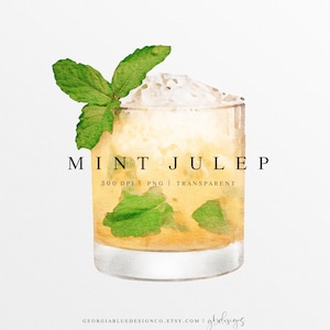 May include: A watercolor illustration of a mint julep cocktail in a glass with a sprig of mint on top. The text "MINT JULEP" is written in black above the glass. The text "300 DPI | PNG | TRANSPARENT" is written in black below the glass.