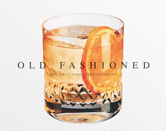 Old Fashioned Watercolor Clipart | Old Fashioned Drink Illustration | Custom Watercolor Cocktail | Signature Drink Clipart | Whiskey | PNG