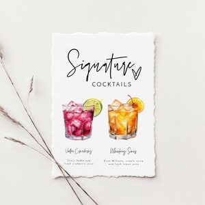 Enseigne pour cocktail signature personnalisée Deckled Edge, Enseigne pour boisson signature, Enseigne de menu pour bar de mariage, Carte de cocktail personnalisée, Enseigne pour cocktail personnalisée