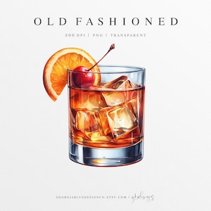 Clipart acquerello vecchio stile / Illustrazione di bevanda vecchio stile / Cocktail acquerello personalizzato / Clipart bevanda esclusiva / Whiskey PNG