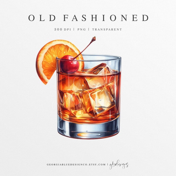 Old Fashioned Watercolor Clipart | Old Fashioned Drink Illustration | Custom Watercolor Cocktail | Signature Drink Clipart | Whiskey PNG