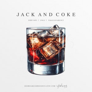Clipart acquerello Jack e Coca-Cola / Illustrazione bevanda Jack e Coca-Cola / Cocktail acquerello personalizzato / Clipart bevanda esclusiva / Whiskey PNG