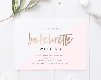 Printable Bachelorette Invitation Template | Bachelorette Weekend Invitation and Itinerary | Bachelorette Party Invites | Blush | Gold