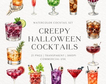 Watercolor Halloween Cocktail Bundle, Spooky Drinks, Skulls, Skeletons (25 PNGs)