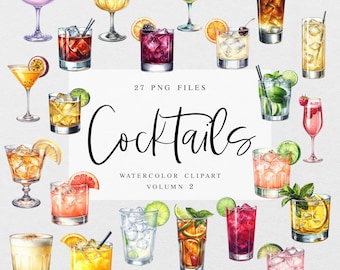 May include: A set of 27 watercolor clipart illustrations of cocktails. The illustrations are in a variety of colors and styles, and include classic cocktails like margaritas, martinis, and mojitos.