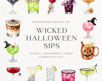 Watercolor Halloween Cocktail Clipart Bundle, 25 Spooky Drinks PNGs (Commercial Use)