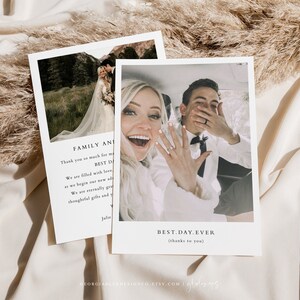 May include: Two wedding thank you cards featuring photographs of the couple. The first card shows the couple in a field, while the second card depicts them in a car. The text on the cards reads "Family and Friends" and "Best Day Ever (thanks to you)".