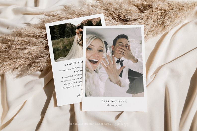 May include: Two wedding thank you cards featuring photographs of the couple. The first card shows the couple in a field, while the second card depicts them in a car. The text on the cards reads "Family and Friends" and "Best Day Ever (thanks to you)".