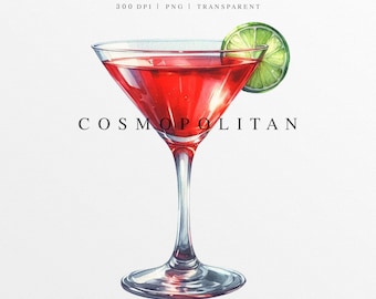 Cosmopolitan Clipart PNG, Wedding Signature Drink Illustration, Digital Graphic, Bar Menu Sign, Watercolor Cosmopolitan Cocktail, Red Cosmo