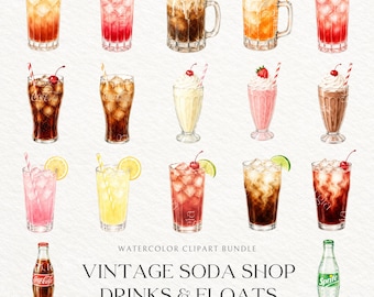 Vintage Soda Shop Watercolor Drinks Bundle, Retro Diner Milkshake PNGs (25 Files)