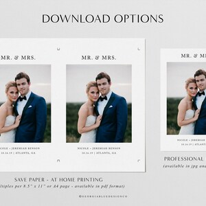 May include: A digital download for a wedding invitation template featuring a photograph of a bride and groom. The template includes the text "MR. & MRS." and the couple's names and wedding date. Download options include at-home printing and professional printing.