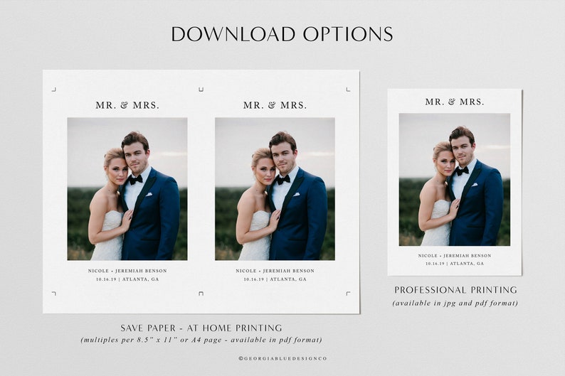 May include: A digital download for a wedding invitation template featuring a photograph of a bride and groom. The template includes the text "MR. & MRS." and the couple's names and wedding date. Download options include at-home printing and professional printing.