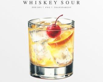 Whiskey Sour Clipart PNG, Wedding Signature Drink Illustration, Digital Graphic, Bar Menu Sign, Watercolor Whiskey Cocktail, Whisky Beverage