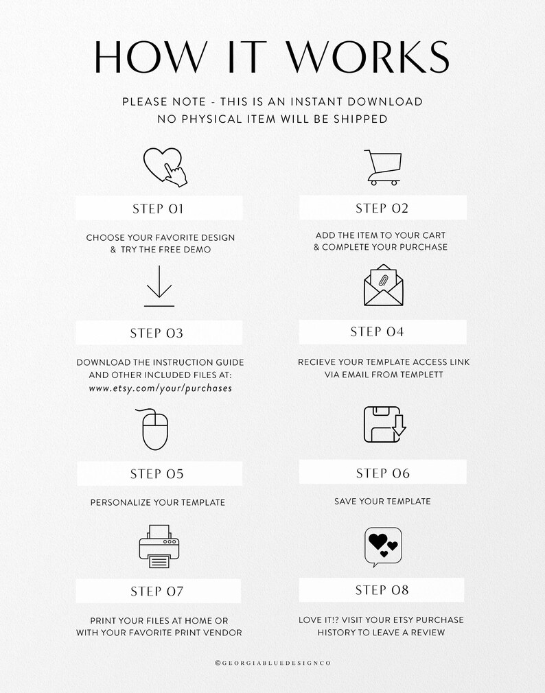 May include: A graphic showing the eight steps involved in purchasing and using a digital template. The steps are: Choose your favorite design, Add the item to your cart, Download the instruction guide, Receive your template access link, Personalize your template, Save your template, Print your files, and Love it? Visit your Etsy purchase history to leave a review.