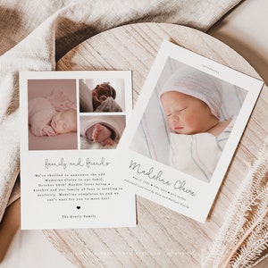 Birth Announcement Template, Printable Photo Birth Announcement Card, Minimalist, Modern, Newborn Photo Template, New Baby Photo Card, BA12 image 3