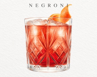 Negroni PNG, Watercolor Cocktail Illustration, Italian Aperitif Clipart, Classic Gin Drink, Commercial Use