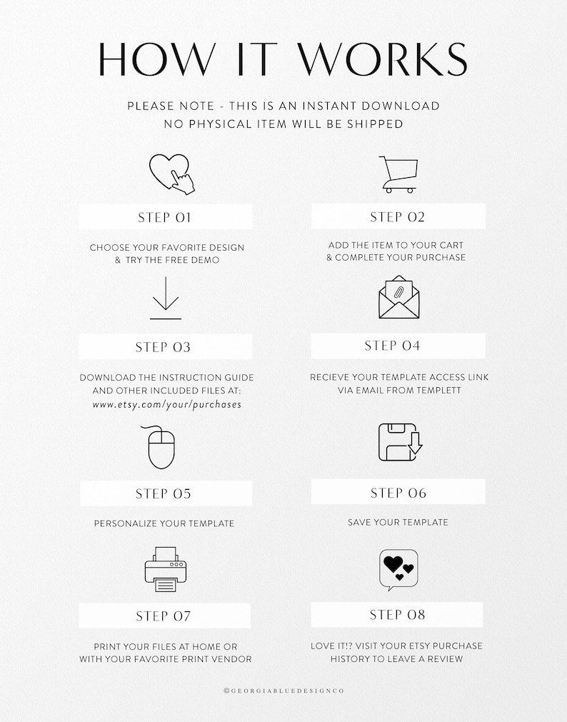 May include: A graphic showing the steps involved in purchasing and using a digital template. The steps are: Choose your favorite design, add the item to your cart, download the instruction guide, receive your template access link, personalize your template, save your template, print your files, and leave a review.