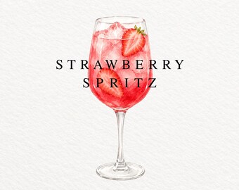Strawberry Spritz PNG, Watercolor Cocktail Illustration, Summer Cocktail Clipart, Prosecco Drink, Commercial Use