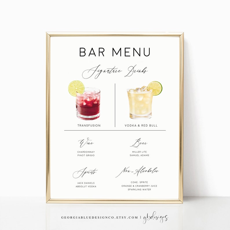 Printable Signature Cocktails Sign | Editable Signature Cocktails Template | Printable Bar Menu Sign Template | Signature Drinks Sign | AM23