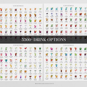 May include: A printable chart with a list of over 5,500 drink options, including cocktails, mocktails, and non-alcoholic beverages. The chart is divided into sections with watercolor illustrations of each drink.