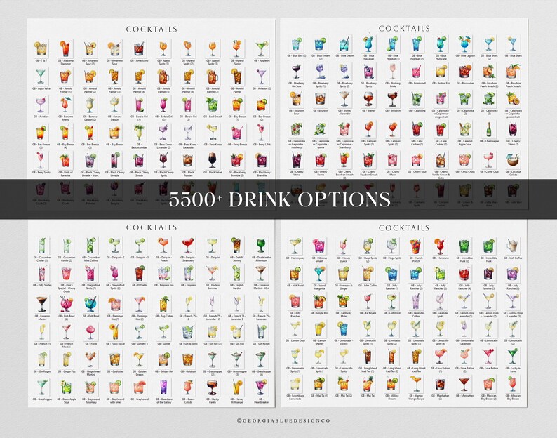 May include: A printable chart with a list of over 5,500 drink options, including cocktails, mocktails, and non-alcoholic beverages. The chart is divided into sections with watercolor illustrations of each drink.