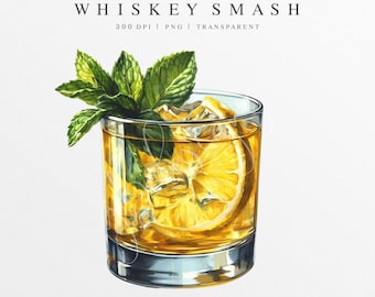 Whiskey Smash Clipart PNG, Wedding Signature Drink Illustration, Digital Graphic, Bar Menu Sign, Watercolor Whiskey Cocktail, Beverage