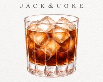 Jack and Coke Watercolor Clipart, Jack and Coke Drink Illustration,  Custom Watercolor Cocktail, Signature Drink Clipart, Whiskey PNG