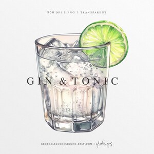Aquarelle Gin Tonic | Illustration d'une boisson gin tonic | Cocktail aquarelle personnalisé | Clipart Boisson Signature | Cocktail au gin