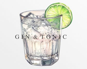 Gin & Tonic Watercolor Clipart | Gin and Tonic Drink Illustration | Custom Watercolor Cocktail | Signature Drink Clipart | Gin Cocktail