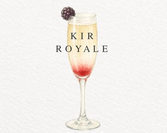 Kir Royale Cocktail Watercolor Clipart, Champagne Cocktail PNG, Wedding Signature Drink Illustration
