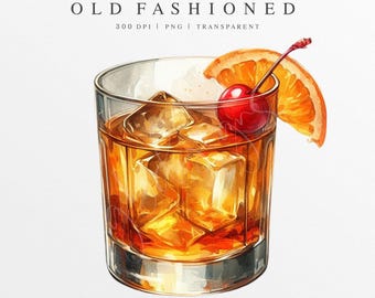 Old Fashioned Clipart, Old Fashioned PNG, Wedding Signature Drink Illustration, Digital Graphic, Bar Menu Sign, Watercolor Cocktail, Whiskey