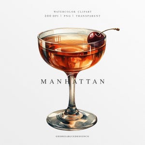 Clipart di Manhattan, PNG di Manhattan, Illustrazione di drink con firma per matrimonio, Grafica digitale, Segno del menu del bar, Cocktail di whisky ad acquerello