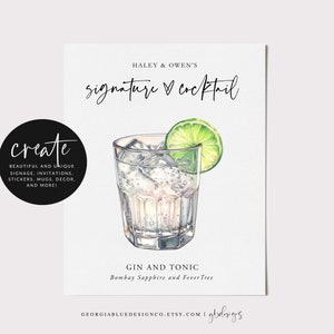 Op de afbeelding: Een aquarel-illustratie van een gin-tonic cocktail met een limoenpartje. De tekst "Haley & Owen's signature cocktail" staat bovenaan de afbeelding. De tekst "Gin and Tonic" staat onder de illustratie. De tekst "Bombay Sapphire and Fever Tree" staat daaronder. De tekst "create" staat in een cirkel linksonder in de afbeelding. De tekst "GEORGIABLUEDESIGNCO.ETSY.COM | gbdesigns" staat rechtsonder in de afbeelding.