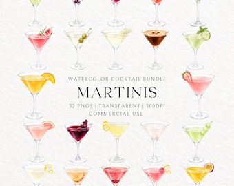 Watercolor Martini Clipart Bundle, Classic Cocktail PNGs (Commercial Use)