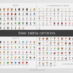 May include: A chart with over 5,500 drink options, including beer, champagne, wine, shots, and seasonal drinks. The chart is divided into sections with watercolor illustrations of each drink.
