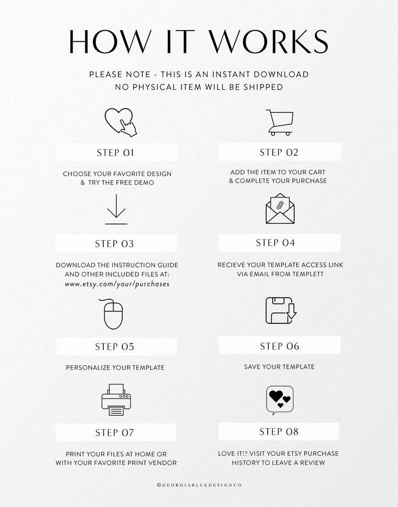 May include: A graphic outlining the steps involved in purchasing and using a digital template. The steps are: Choose your favourite design, add the item to your cart, download the instruction guide, receive your template access link, personalise your template, save your template, print your files, and leave a review.