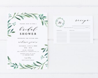 Greenery Bridal Shower Invitations | Printable Bridal Shower Invites | Bridal Shower Invitaton Template | Calligraphy | Templett | ML06